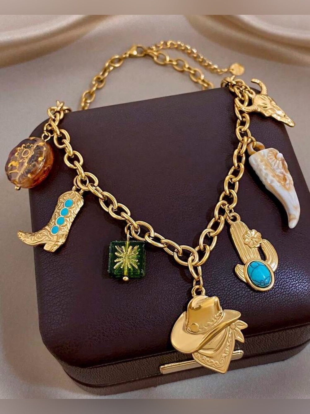 Gold Western Charm Necklace with Turquoise Accents